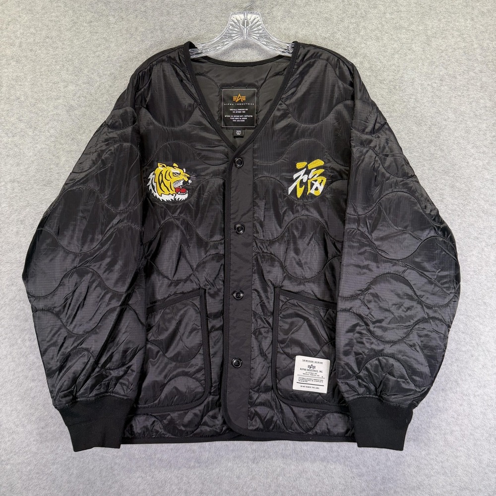 Alpha Industries Jacket Mens Medium Black Quilted Tiger Military Embroidered